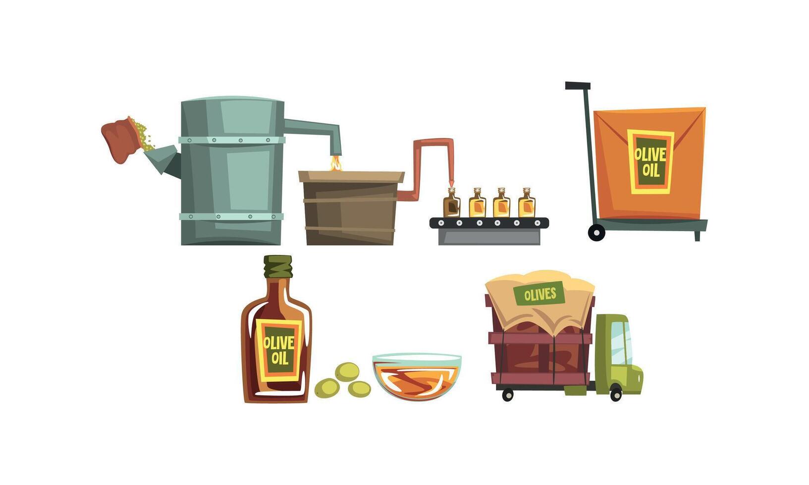 Olive Oil Production Process Set, Harvesting, Pressing Olives and Delivery Product Cartoon Style Illustration vector