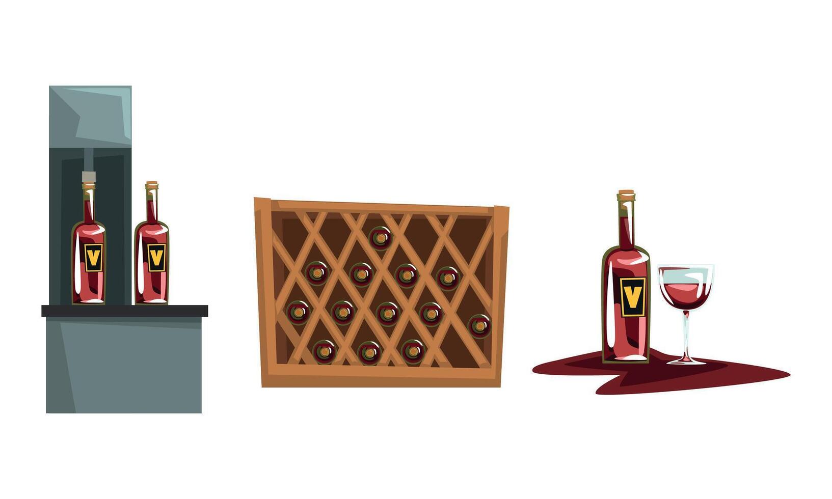Wine Production Process, Bottling and Storage of Wine Cartoon Style Illustration vector