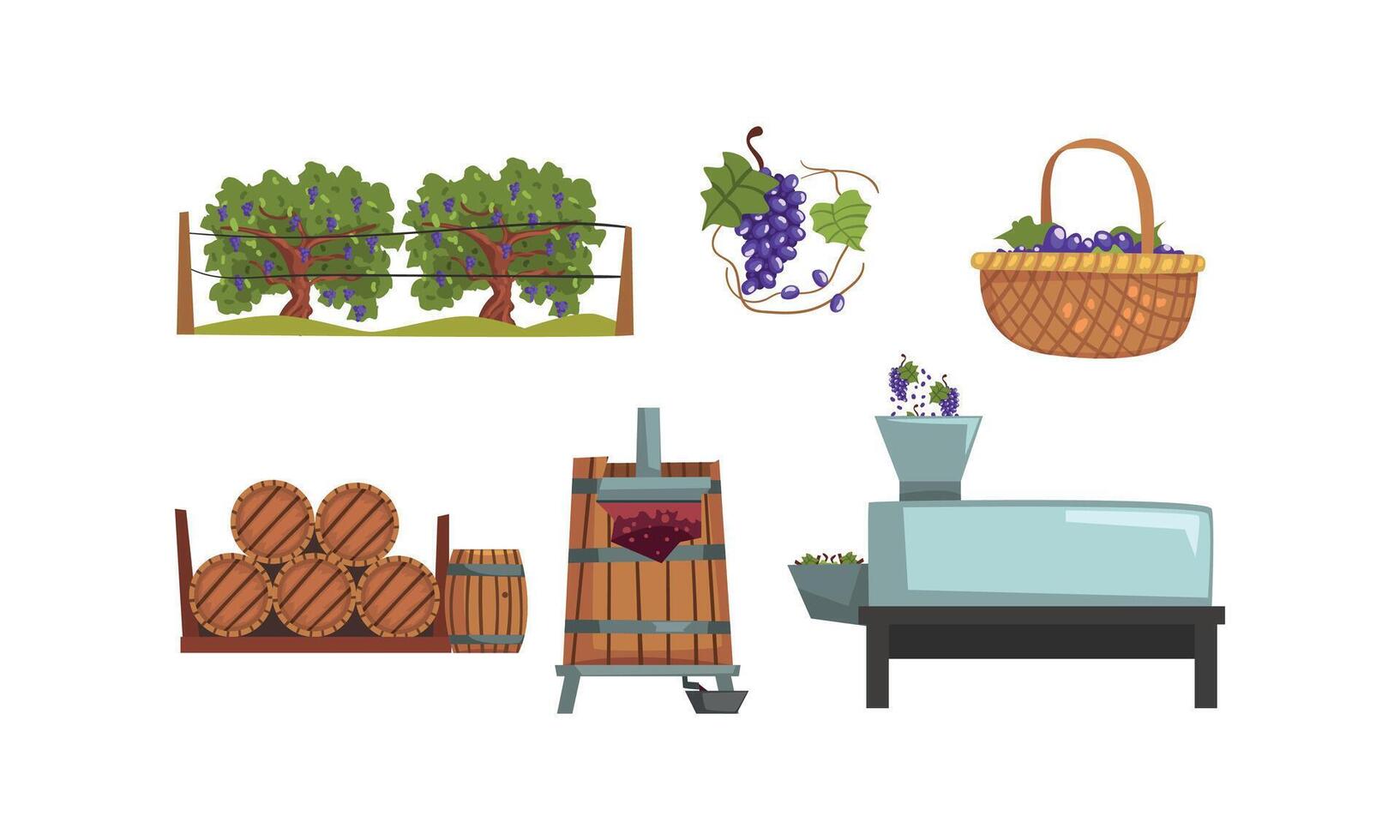 Wine Production Process, Alcoholic Beverages Making Equipment, Grapes Harvesting, Pressing, Fermentation Cartoon Style Illustration vector