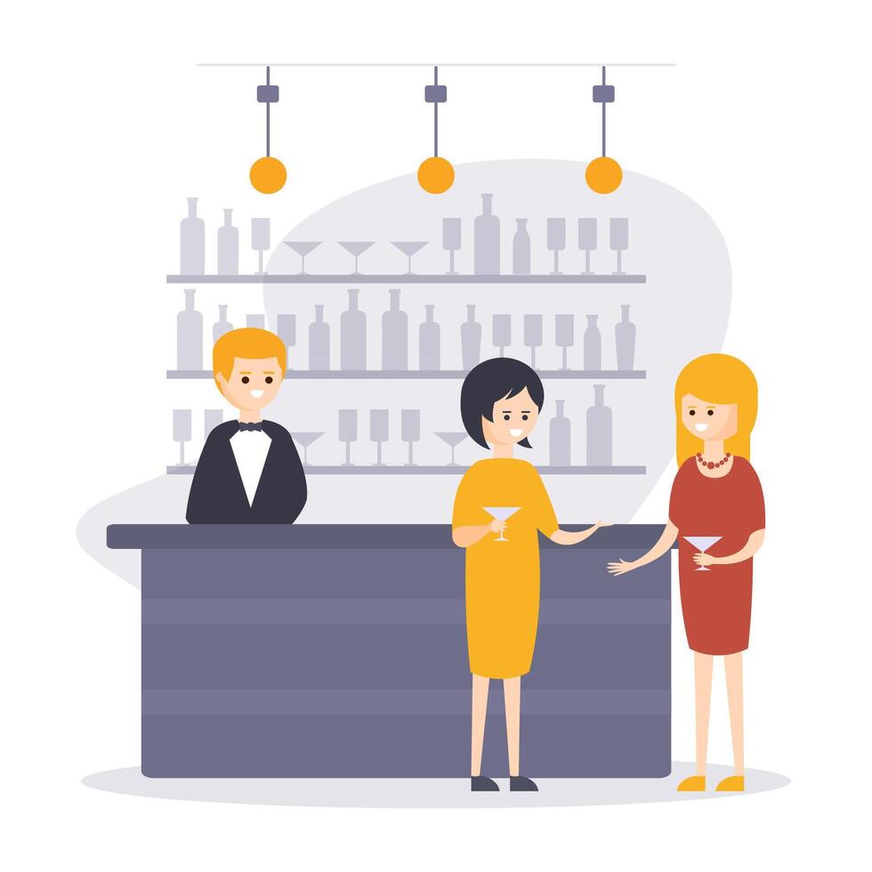 Two Women Drinking Cocktails at Bar Counter with Barman Making Drinks, Restaurant Interior in Hotel Cartoon Illustration vector