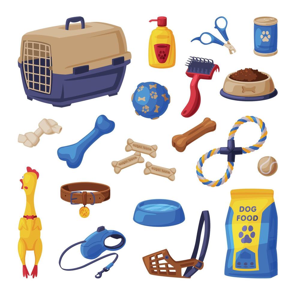 Dog Accessories Set, Pet Shop Products, Food, Scratching Post, Pet Cage, Comb, Toys, Treats Cartoon Style Illustration vector