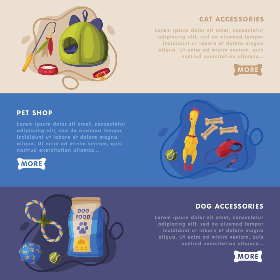 Cat and Dog Accessories, Pet Shop Landing Page Templates Set, Food, Toys, Accessories for Care Website Cartoon Illustration vector