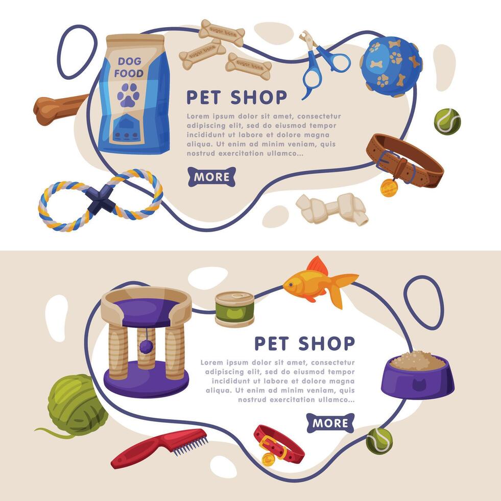 Pet Shop Landing Page Templates Set, Cat and Dog Accessories, Food, Toys, Care Products Website, Mobile App Cartoon Illustration vector