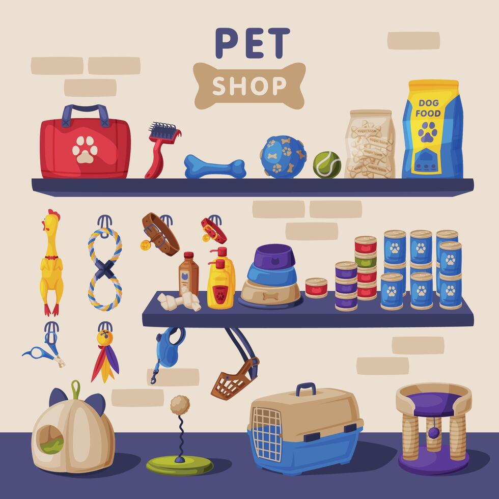 Pet Shop Banner, Cat and Dog Accessories and Care Products on Shelves Cartoon Illustration vector