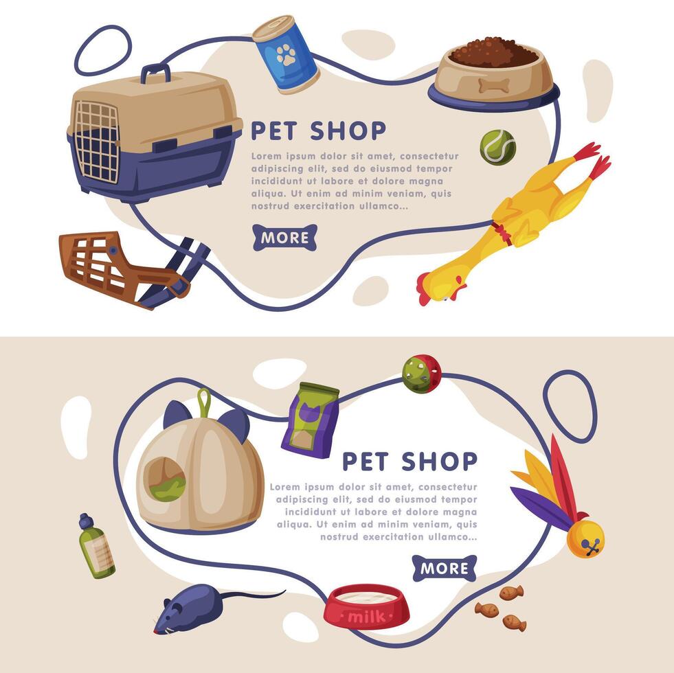 Pet Shop Landing Page Templates Set, Cat and Dog Accessories, Food, Toys, Care Products Cartoon Illustration vector