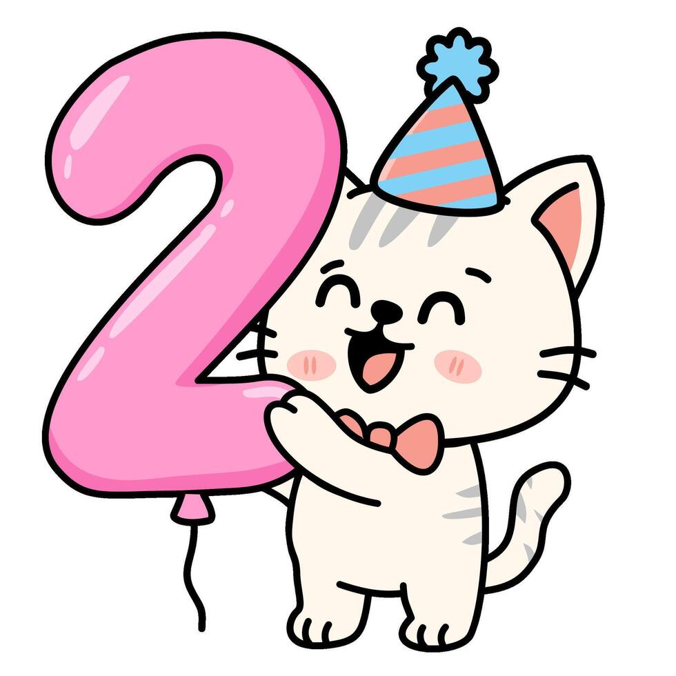 A cartoon cat holding a birthday balloon with the number two vector