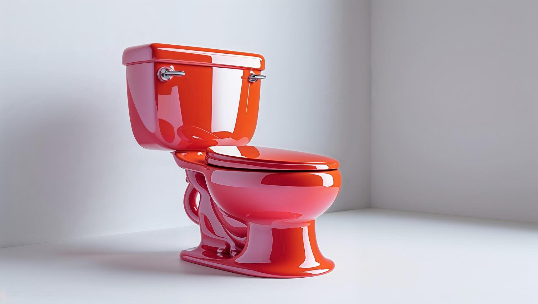 A vibrant red toilet bowl with a glossy finish is displayed in a minimalist setting. photo