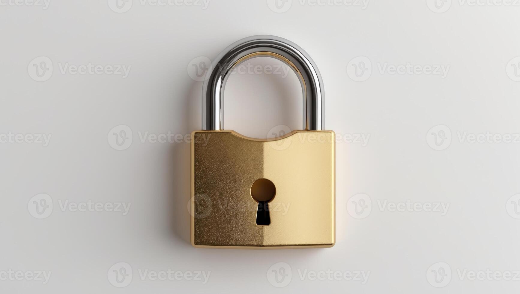 A golden metallic padlock with a silver shackle sits on a plain white surface. photo