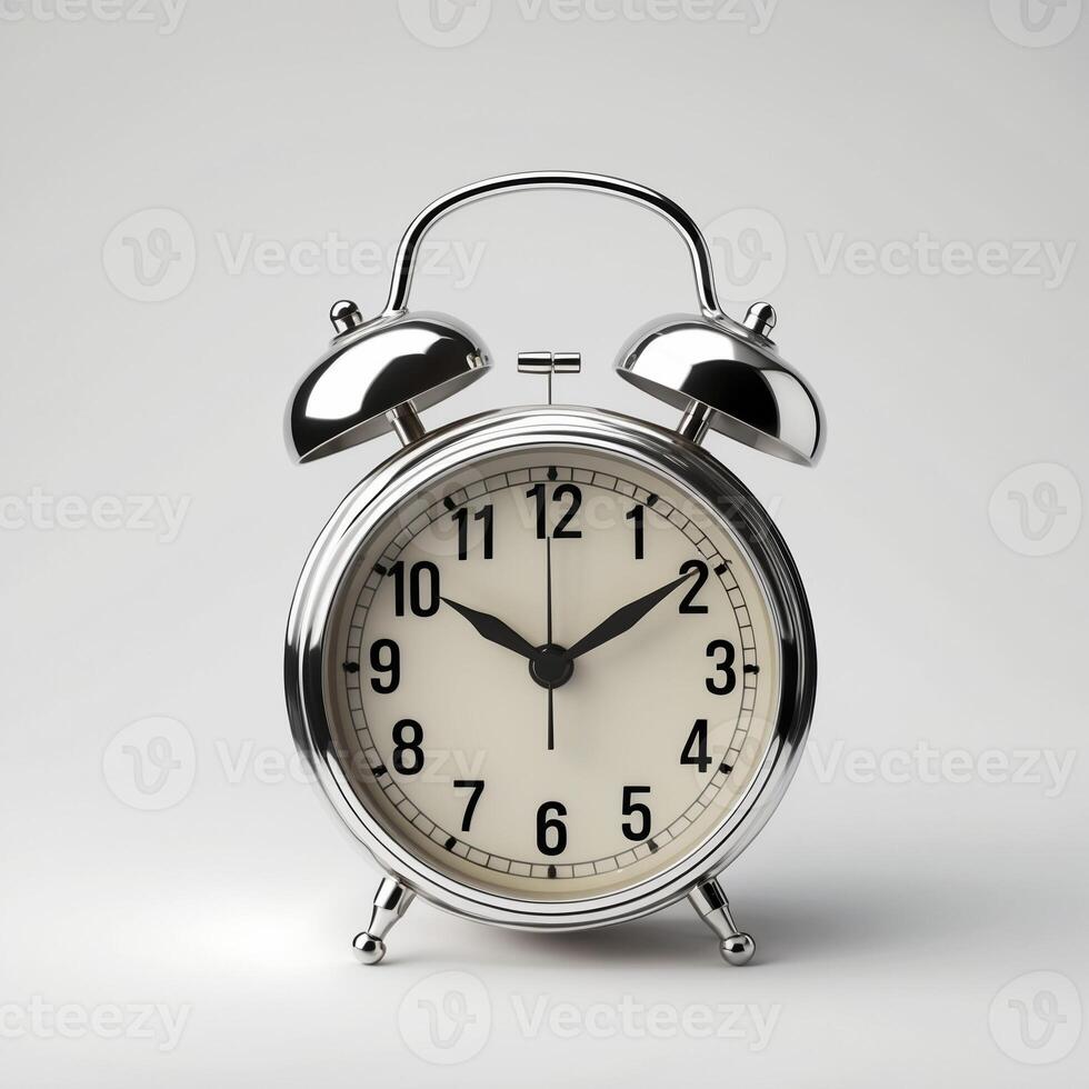 A gleaming chrome alarm clock on a white surface emphasizes punctuality and routine. photo
