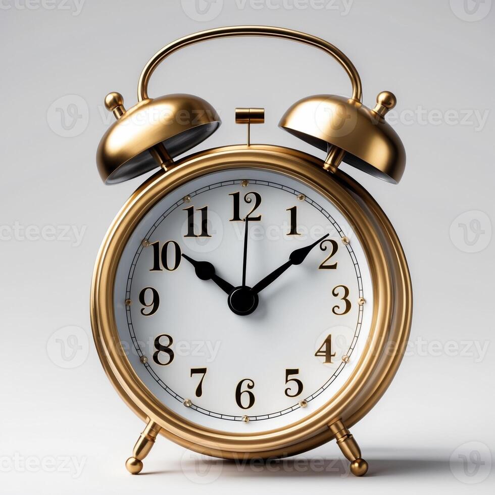 Close-up of a ringing gold alarm clock on a white background showing the time. photo