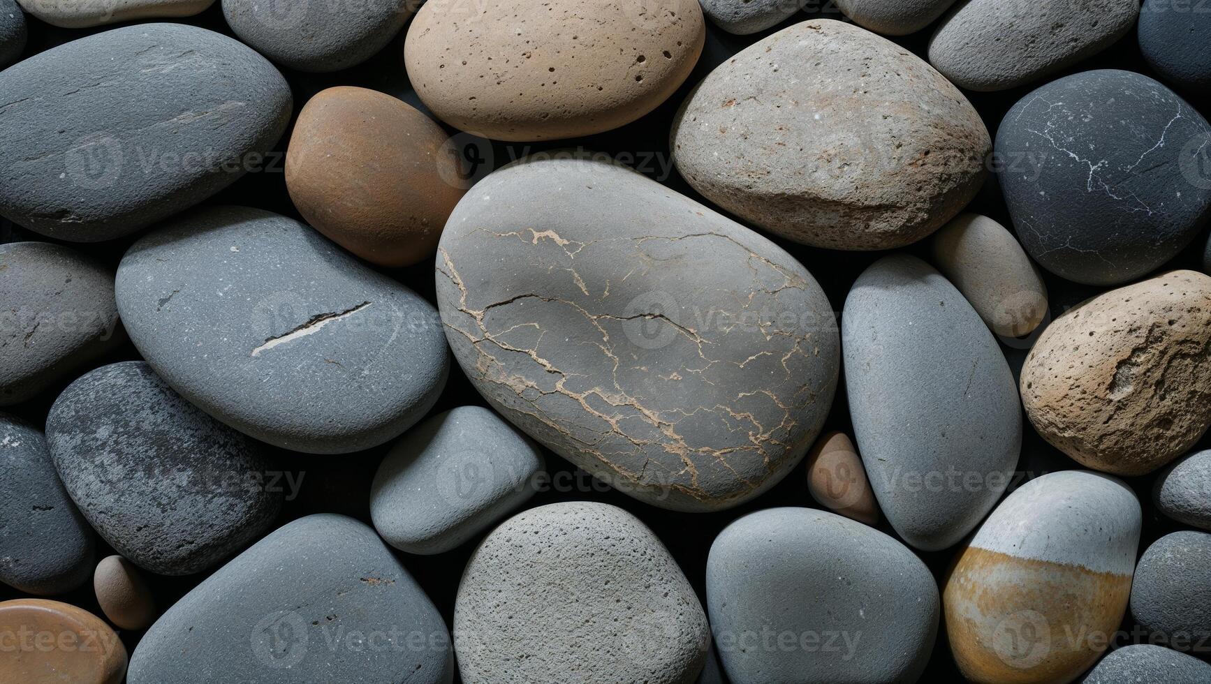 Overhead view captures smooth river stones, showcasing abstract textures and earthy tones. photo