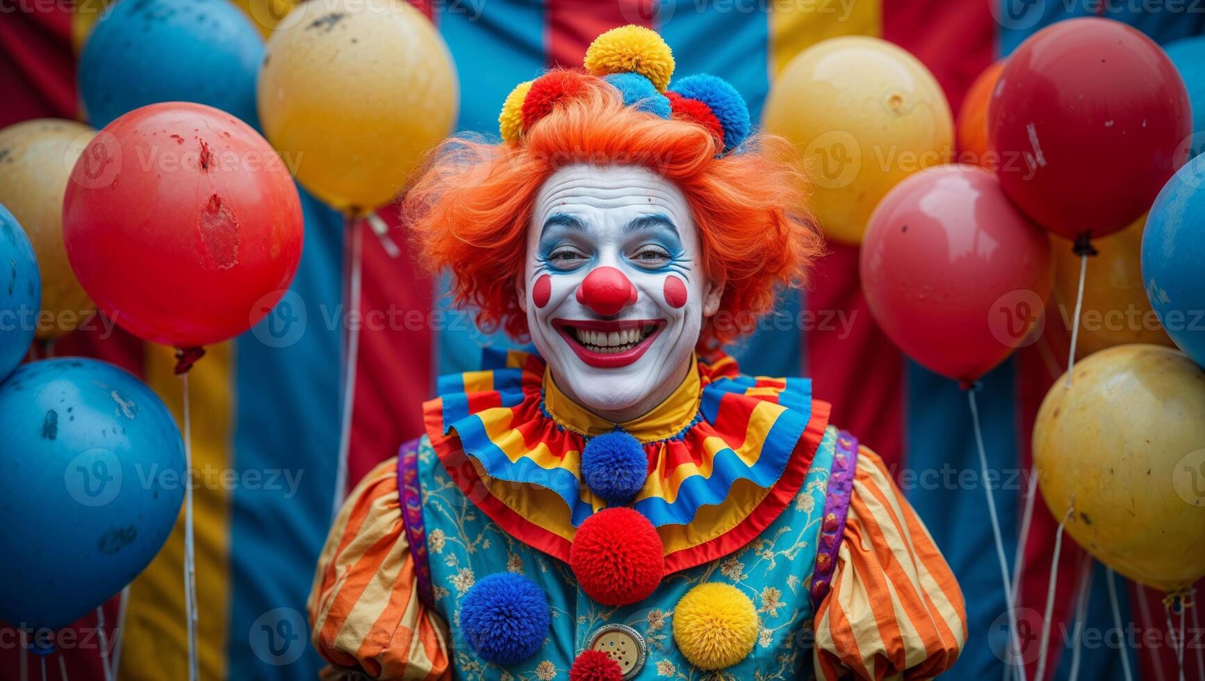 A cheerful clown with a painted face smiles brightly amid colorful balloons. photo