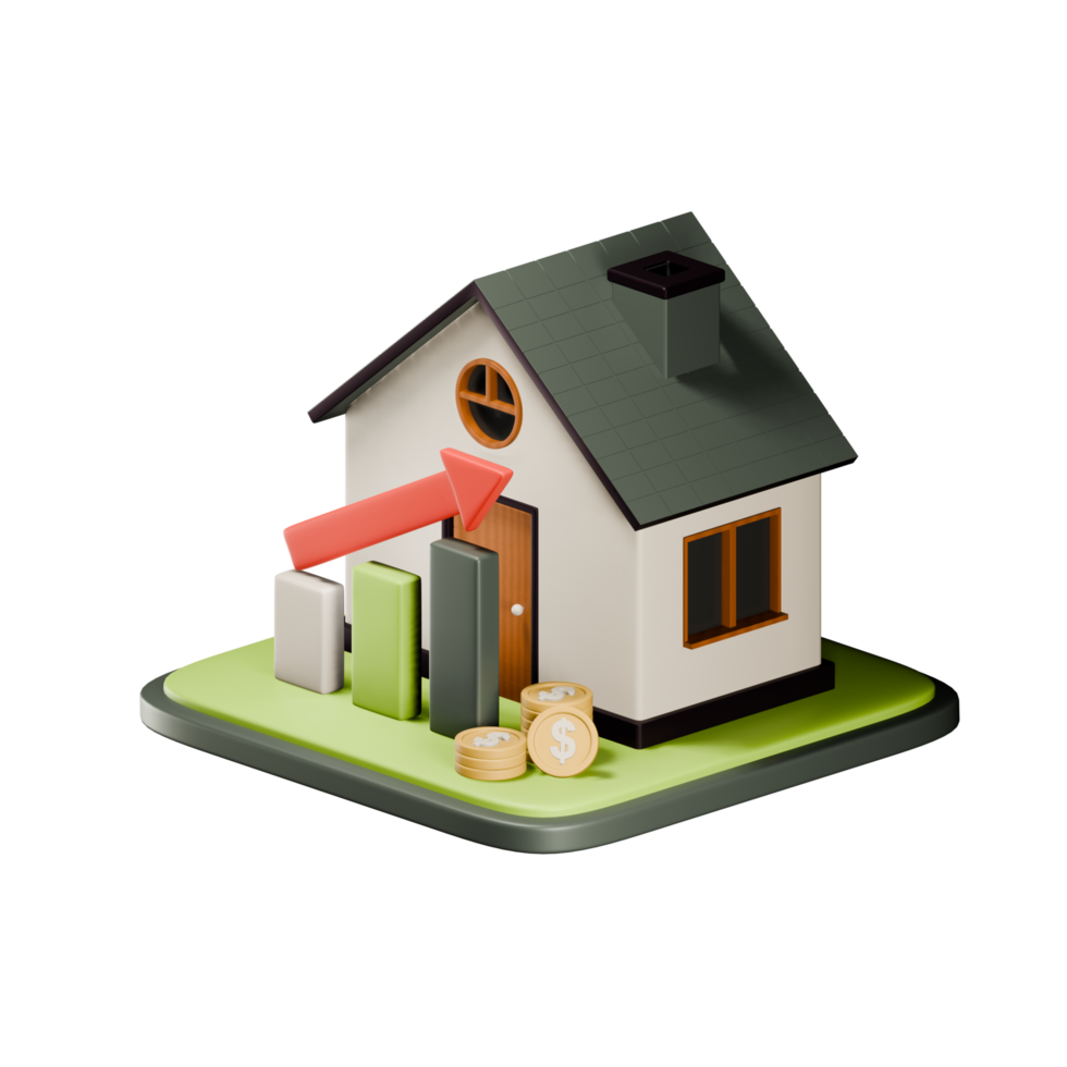 Real estate growth in value. 3d house with graph and upward arrow. Property Growth 3d render png