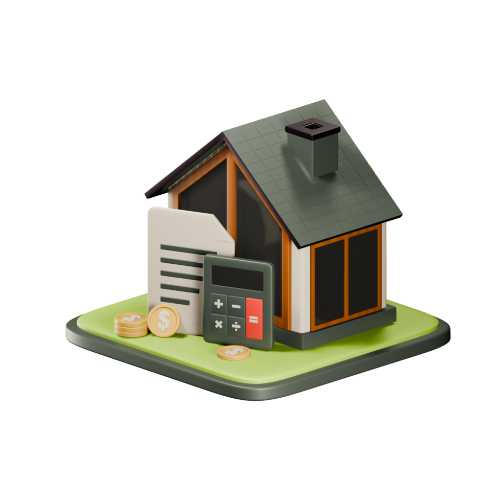 Real estate budgeting 3d illustration. Real estate with calculator and papers 3d render. png