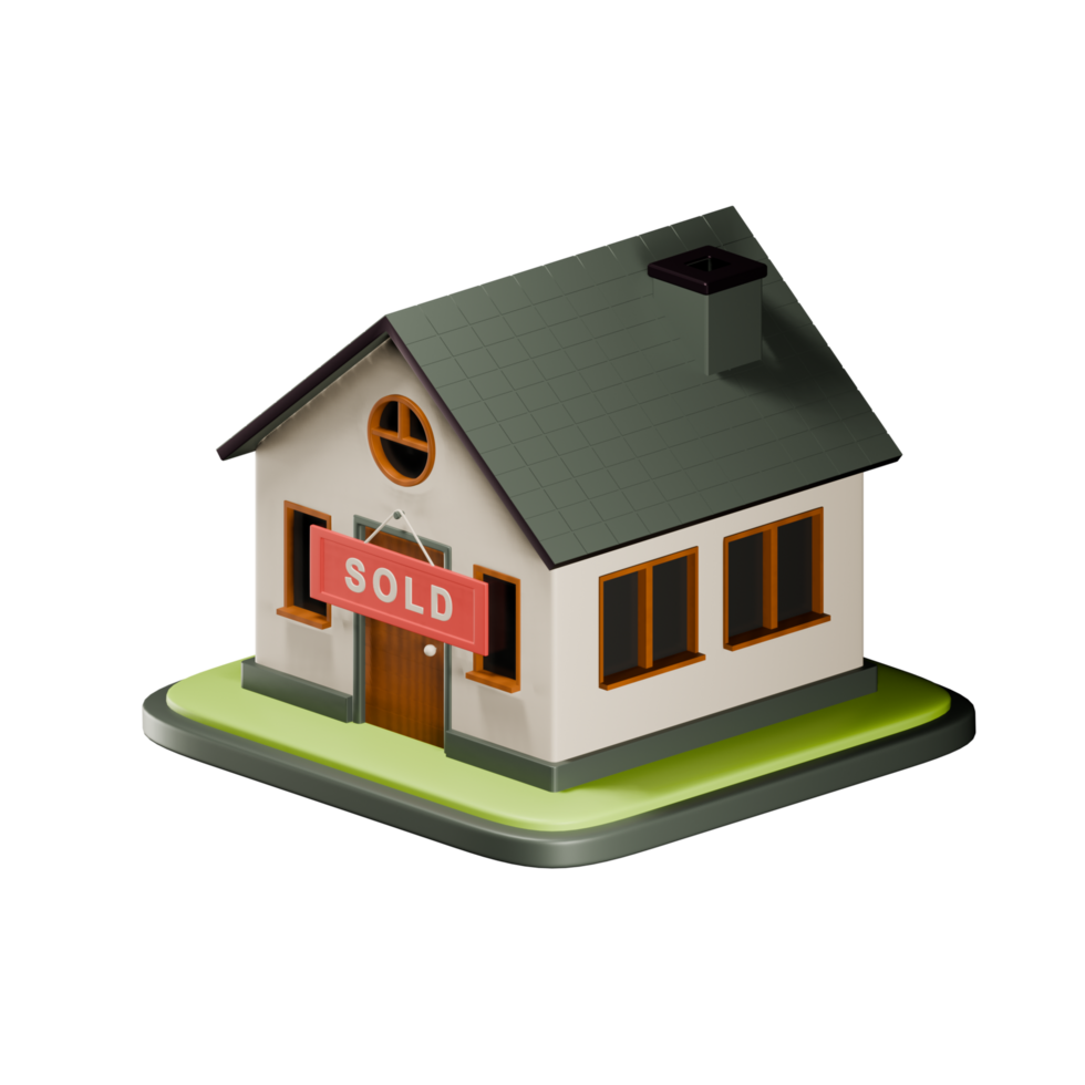 Real Estate. 3D illustration of house with red banner. A house with a banner Sold. png