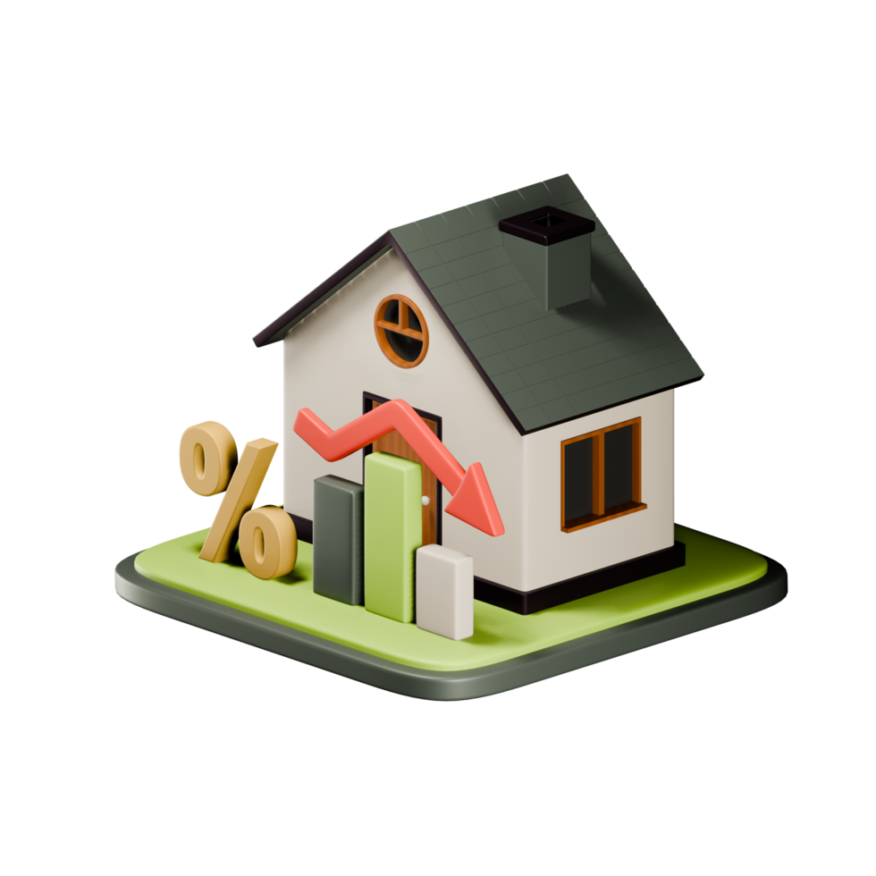 House Loss 3d. Real Estate Badge 3D for website, app, print, presentation, infographic and any other projects. House with graph and down arrow png