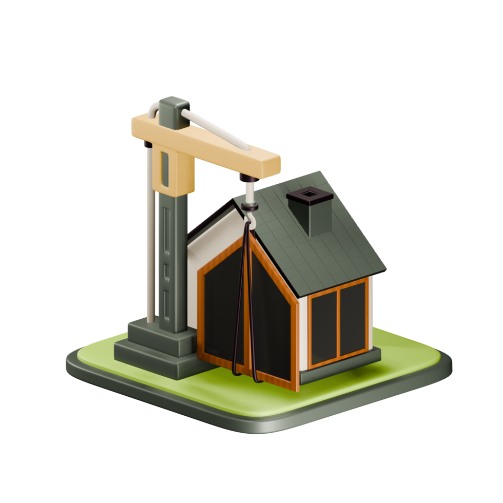 Home Construction. 3d icon of house and construction crane. Real estate 3d render on isolated background. png