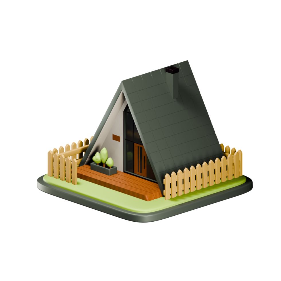 A-frame house with fence around the property. 3d illustration of house on private property. 3d rendering of real estate. png