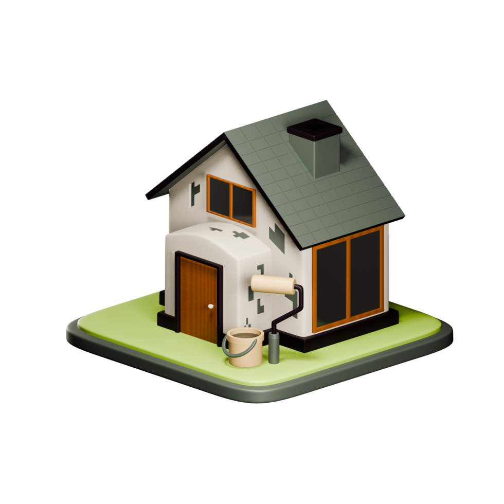 Real Estate. Home renovation 3D icon. Bucket and roller next to the house. Reconstruction or restoration of a house. 3D render on isolated png