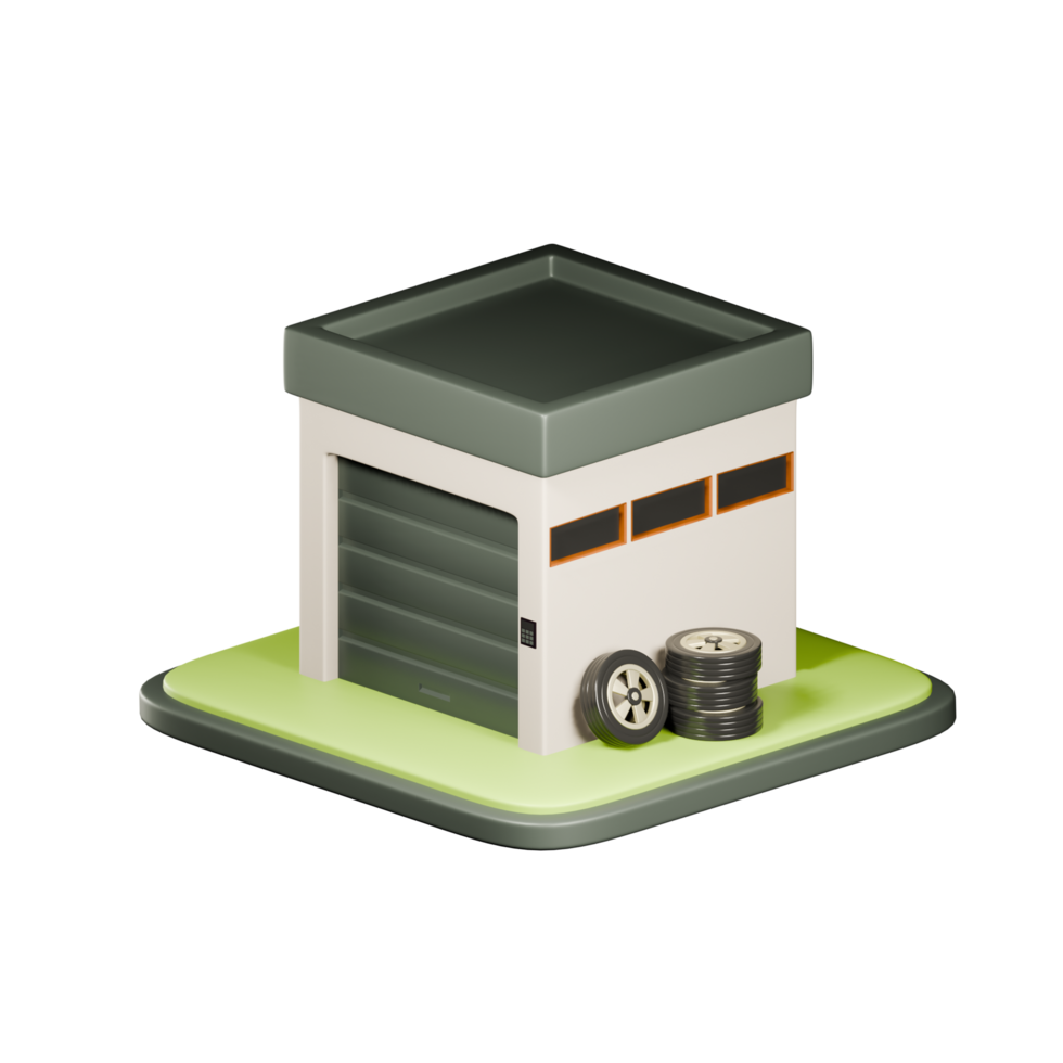 Garage box, covered parking lot or storage space, 3D illustration of garage with gate and wheels for cars isolated background png