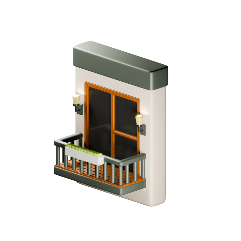3d balcony illustration. Balcony with lanterns, large window and plants on railing. Concept for real estate. 3d render on isolated background. png