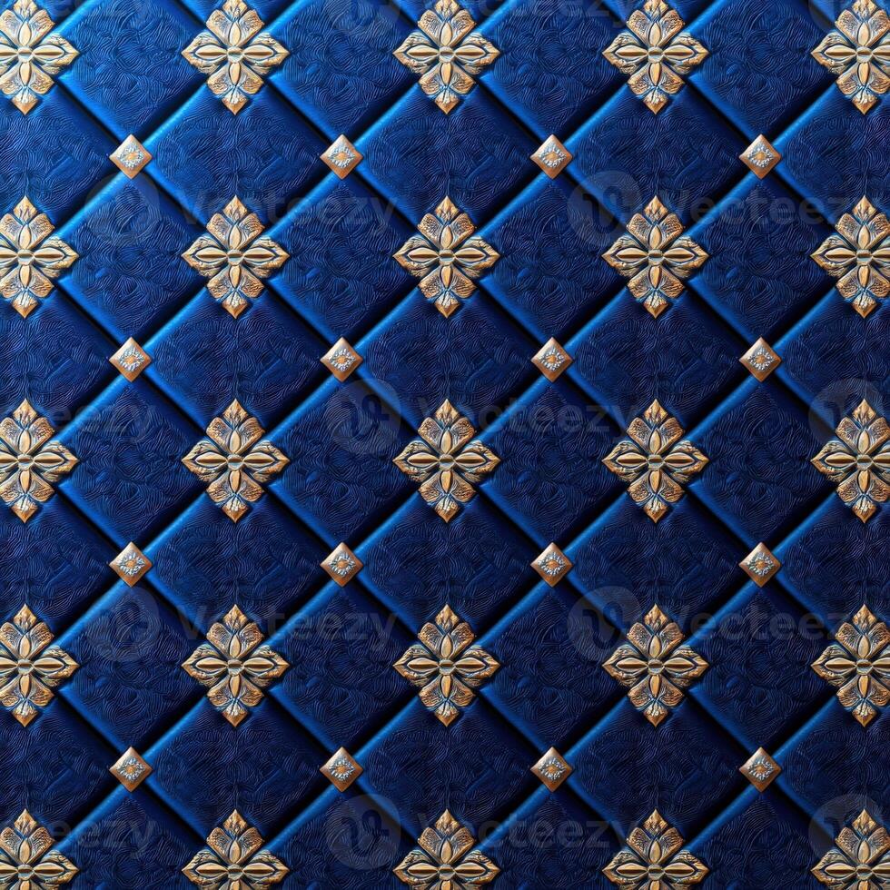 A blue and gold tile background with a gold pattern photo