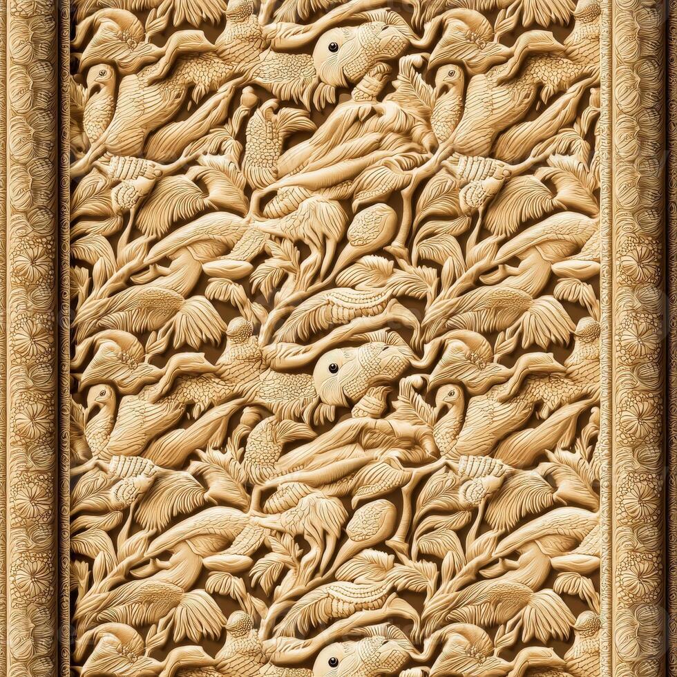 An ornate wood carving with birds and flowers photo