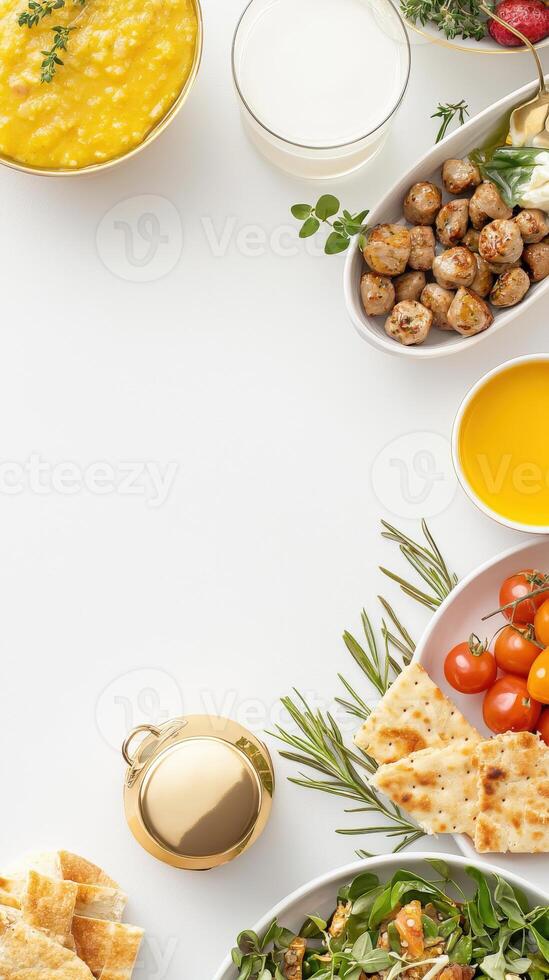 A white table with many different types of food photo
