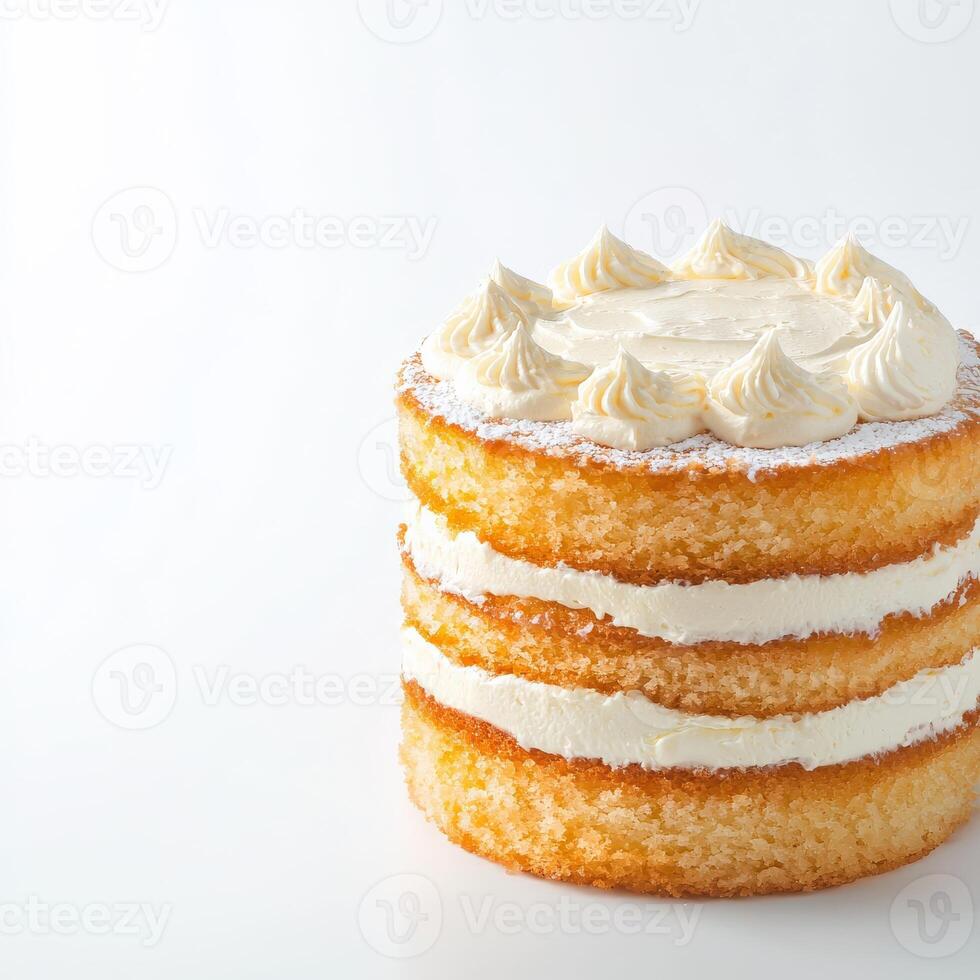 A cake with frosting on top on a white background photo