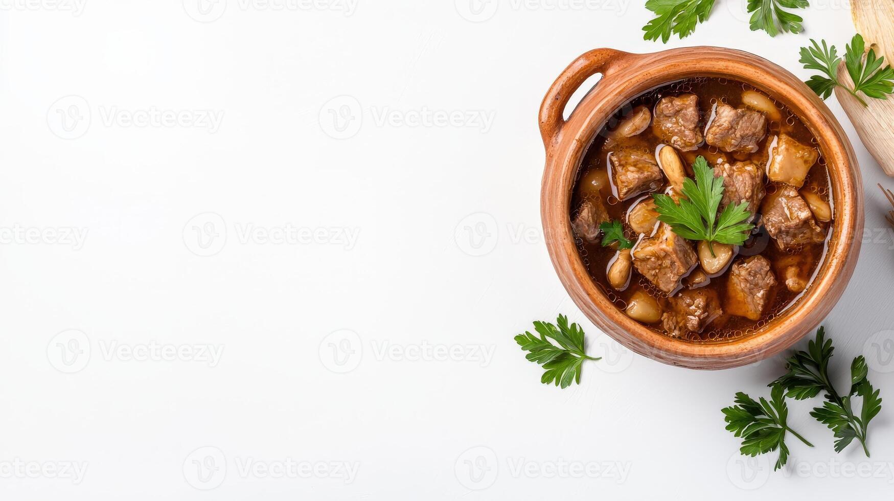 Top view of beef stew in a clay pot on a white background photo
