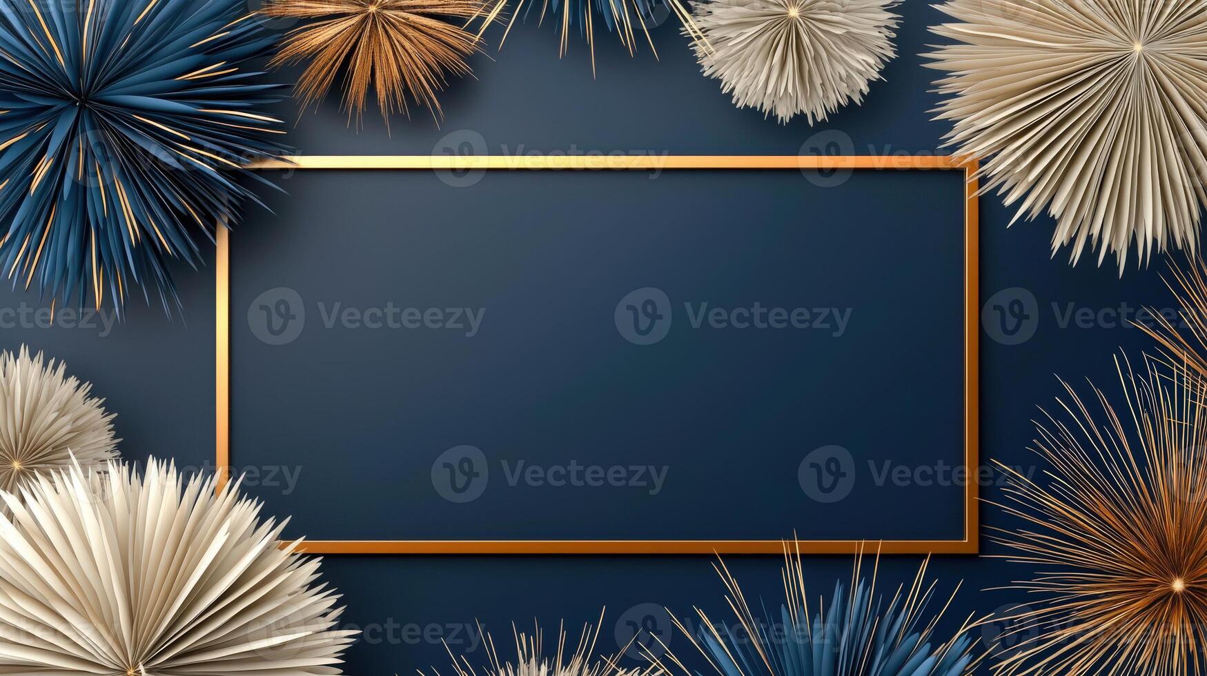 Gold frame on blue background with fireworks photo