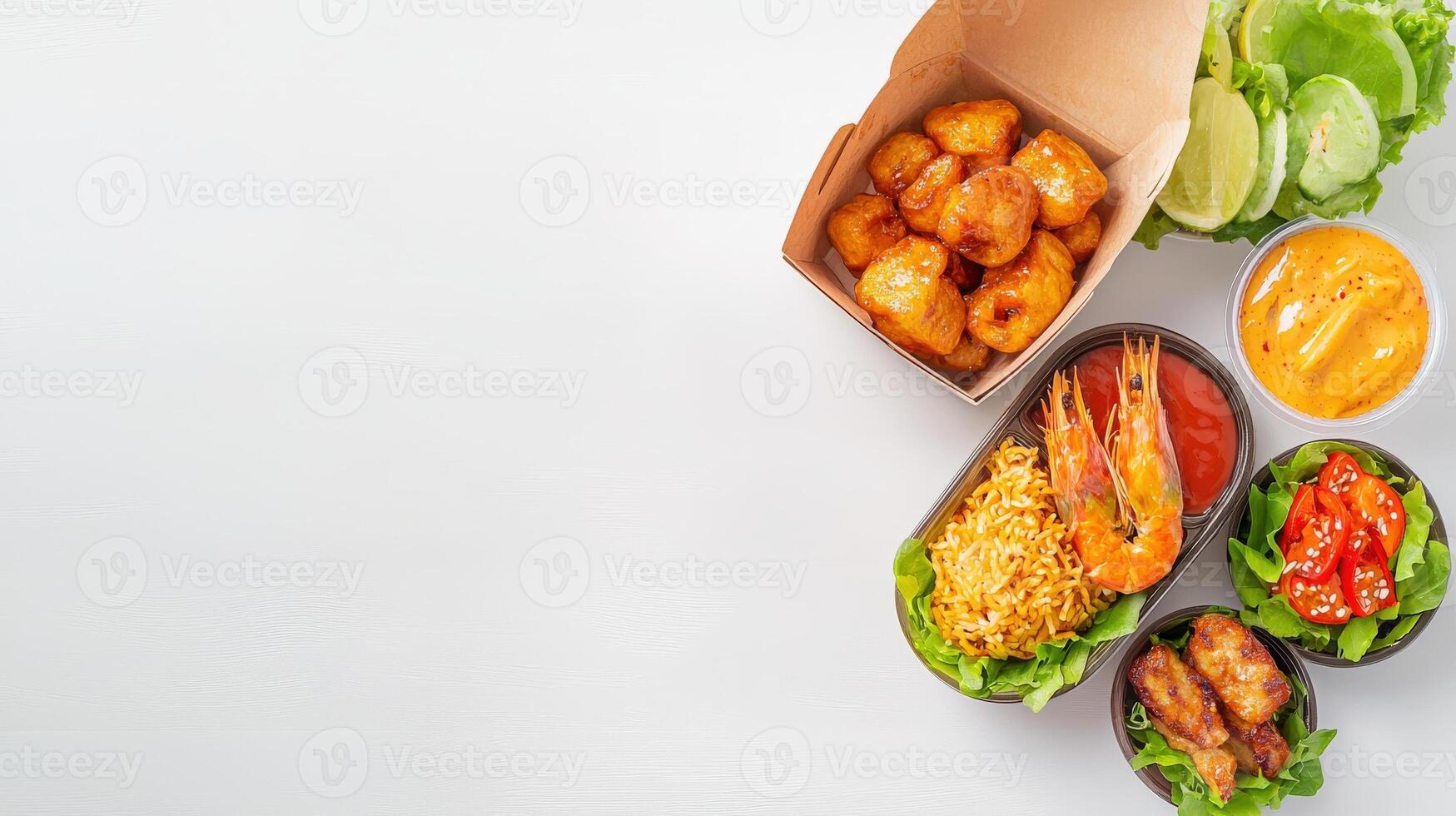 A variety of food in a box on a white surface photo