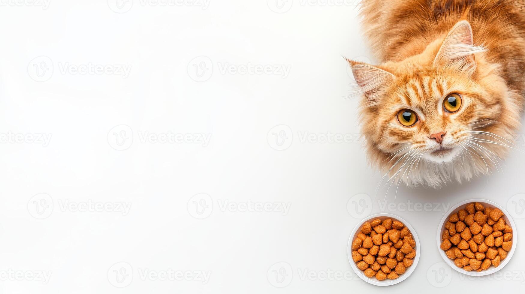 A cat is sitting on a white surface with food bowls photo