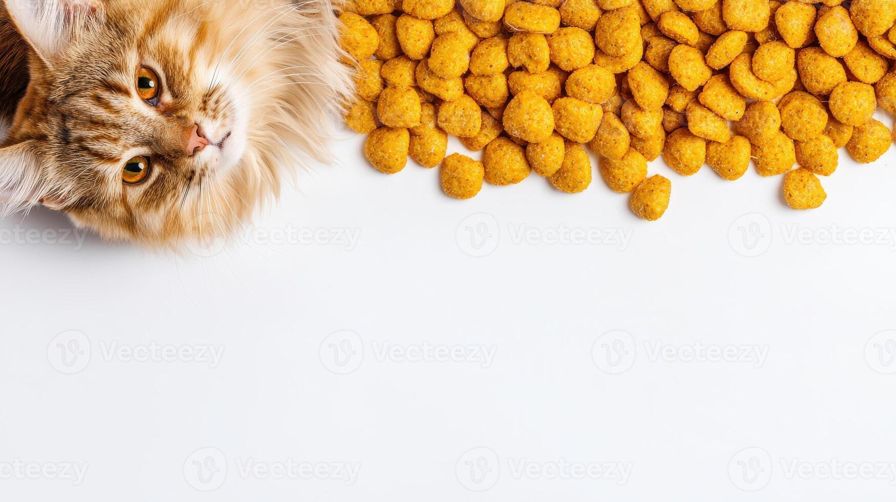 A cat is looking at a pile of food photo