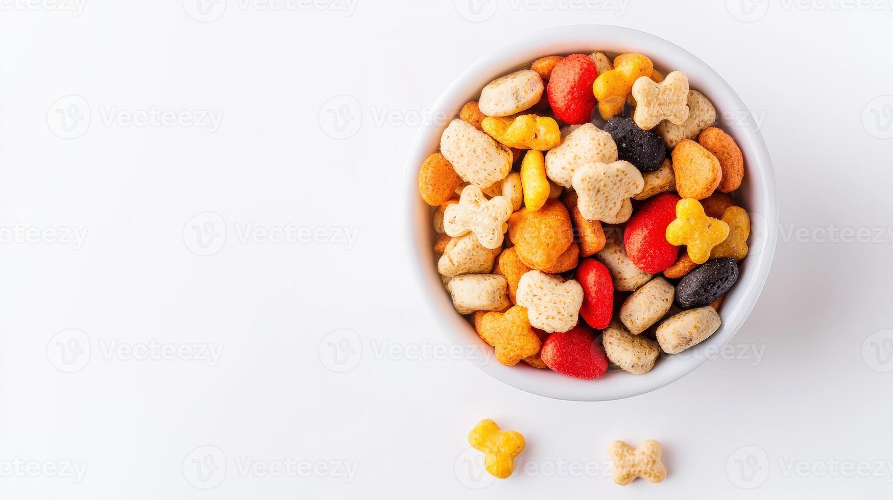 A bowl of cereal with different colored chips photo