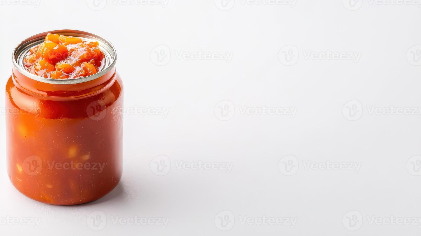 A jar of tomato sauce on a white surface photo