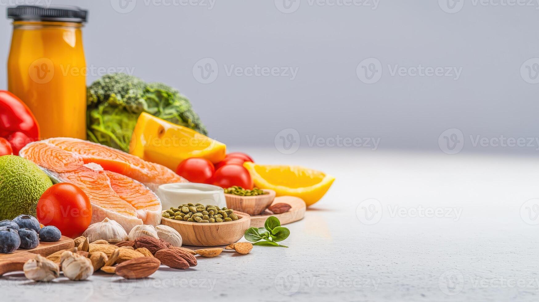 A variety of fruits and vegetables are arranged on a table photo