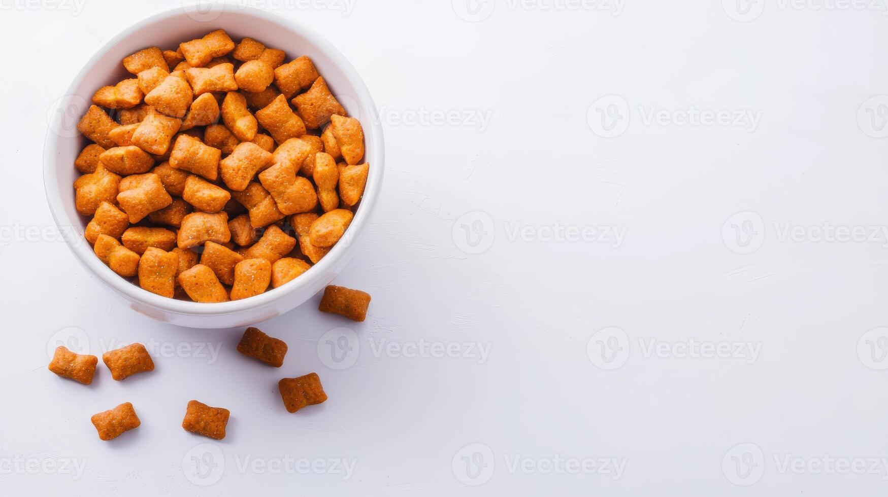 A bowl of orange dog food on a white surface photo