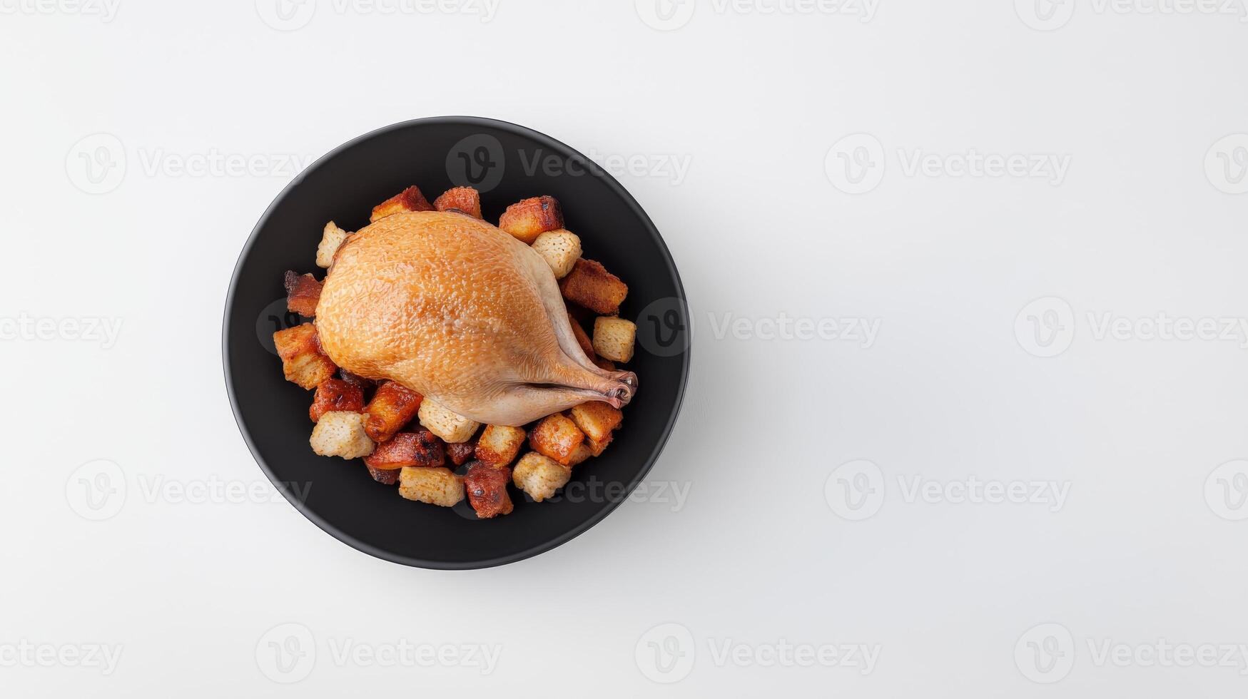 Roasted chicken with potatoes on white background photo