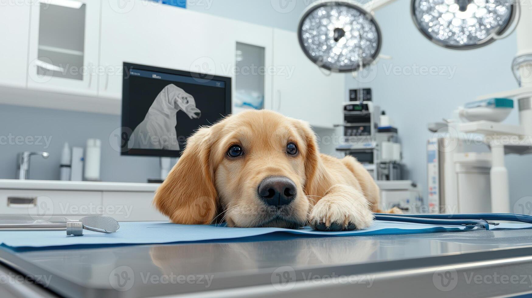 A dog laying on a table in a veterinary office photo