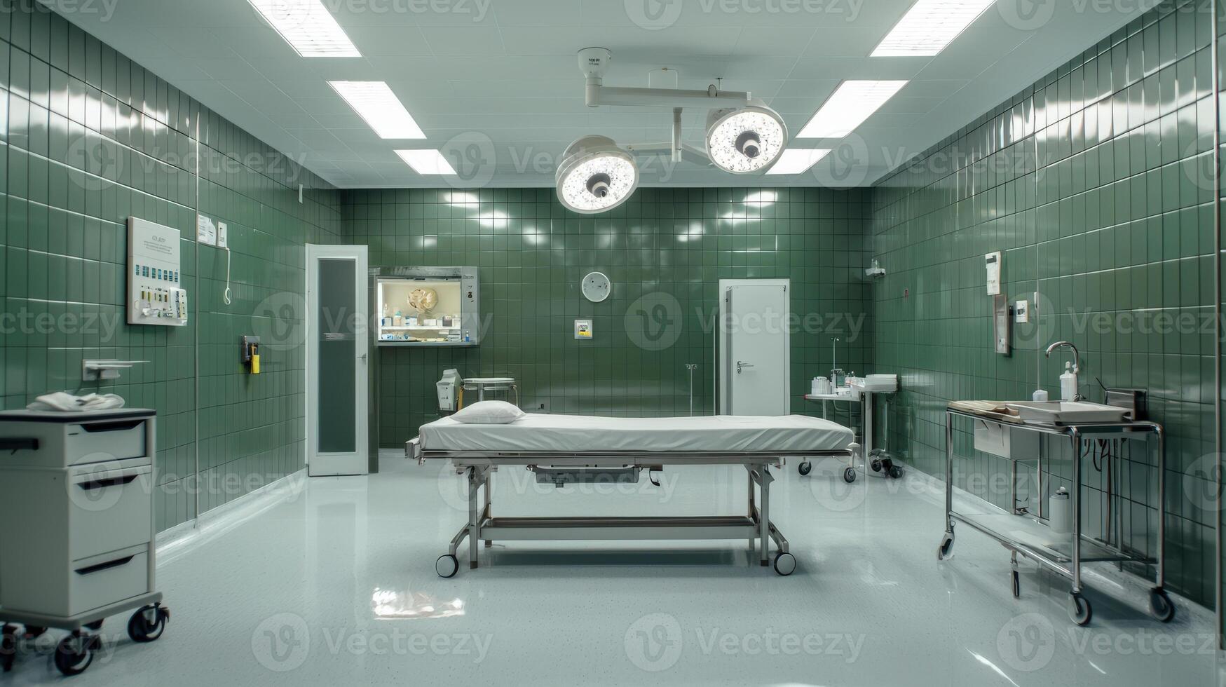A hospital room with a bed, medical equipment and a green wall photo