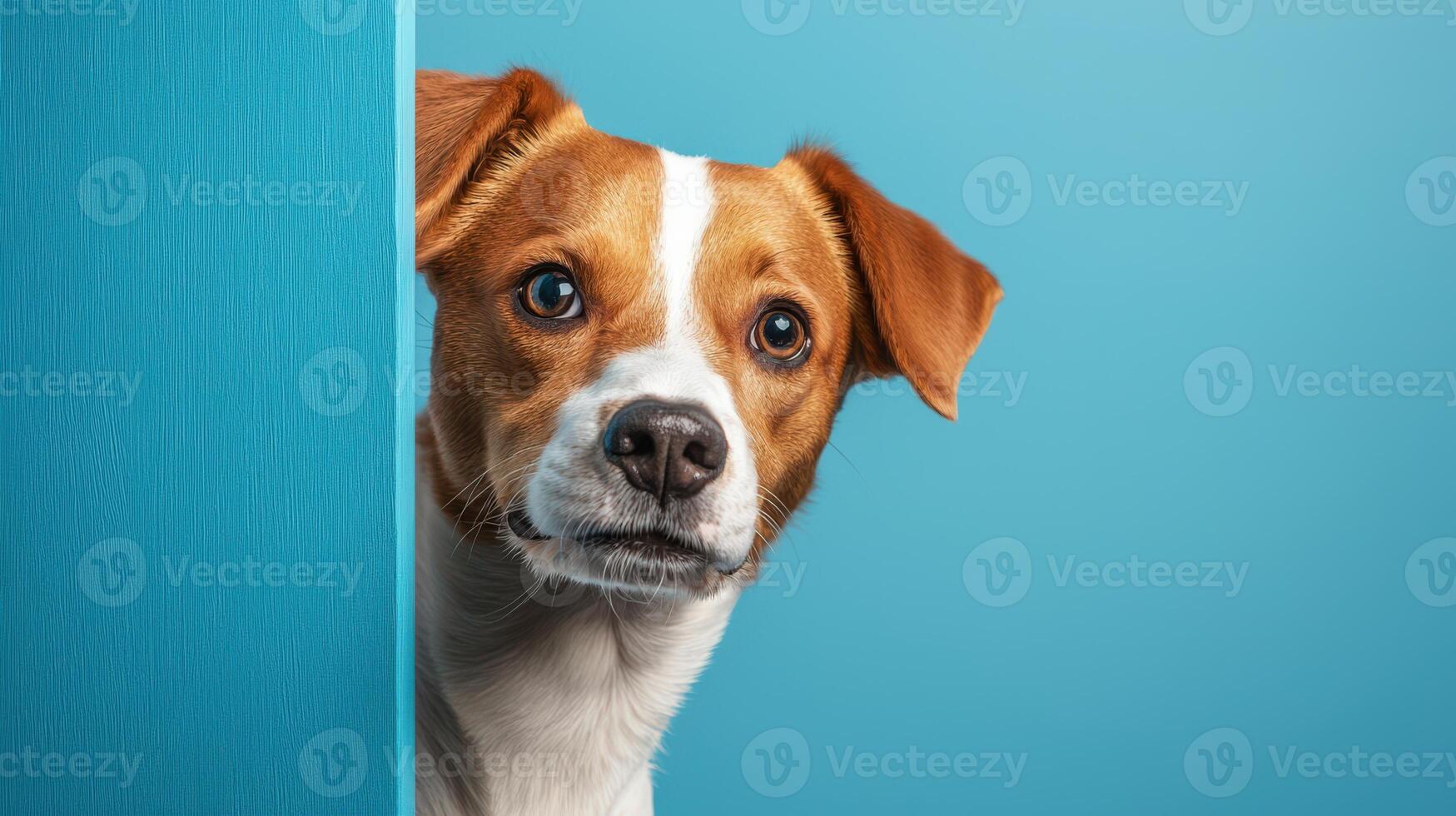 A dog peeking out from behind a blue wall photo