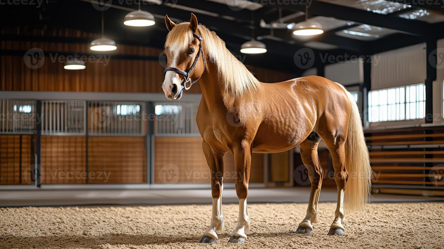 A horse standing in a stable with a few lights photo