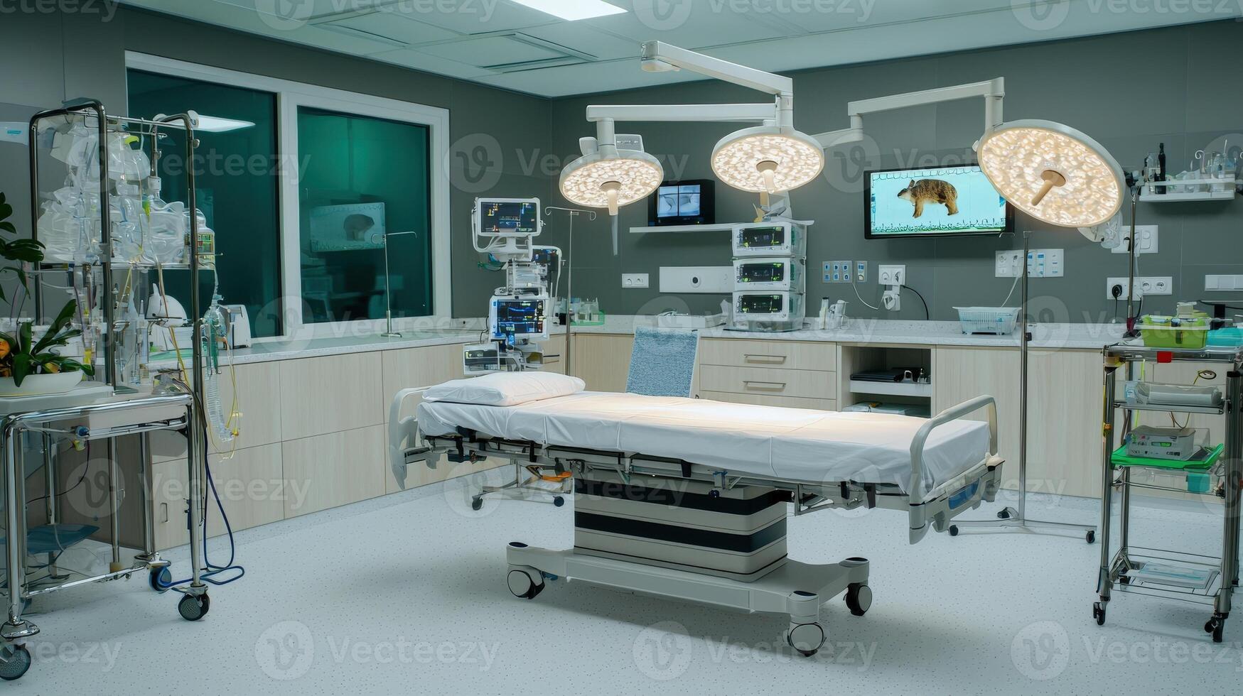 A hospital room with a bed, a television, and a table photo