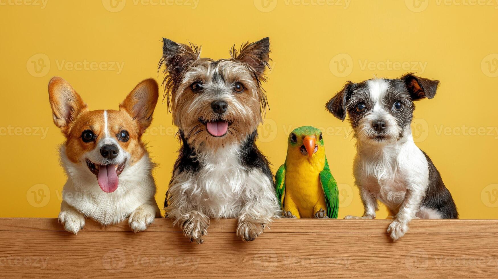 Four dogs and a parrot on a wooden table photo