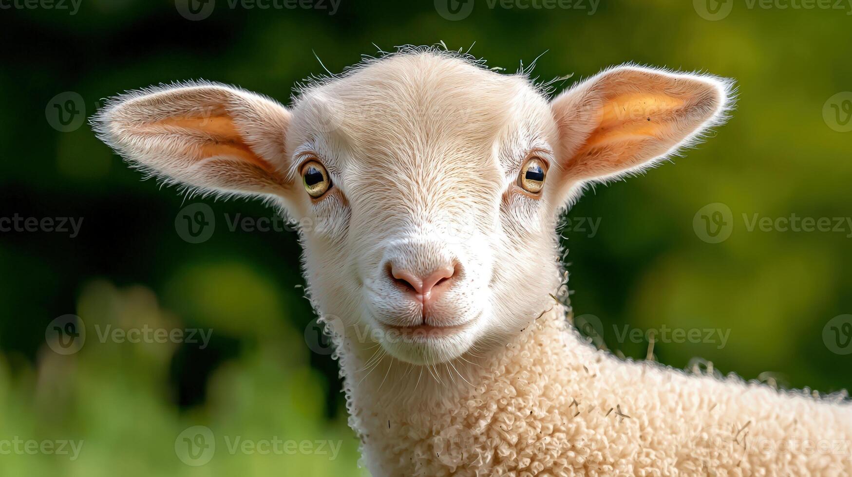 A close up of a lamb with its head turned to the camera photo