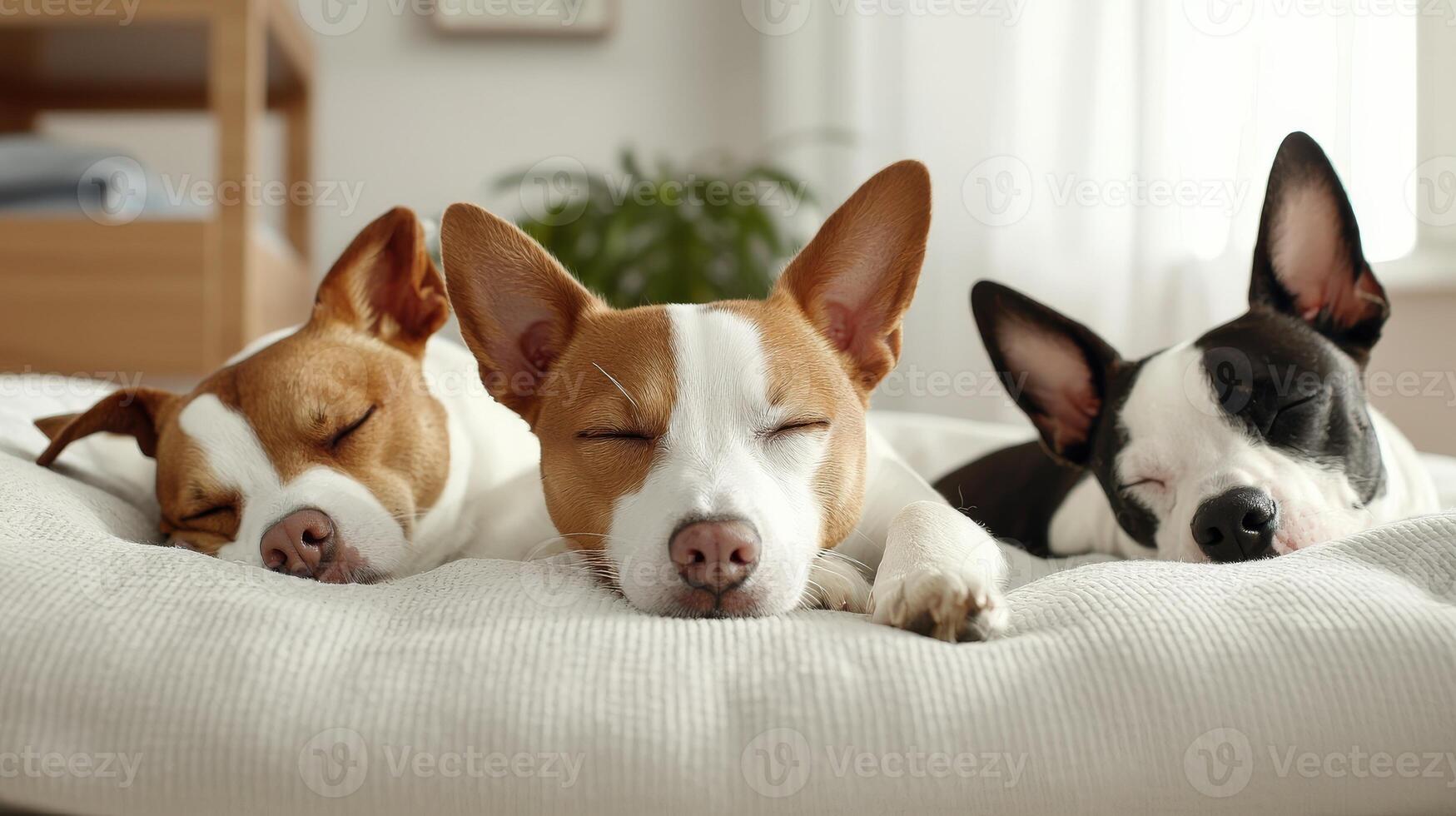 Three dogs are sleeping on a bed photo