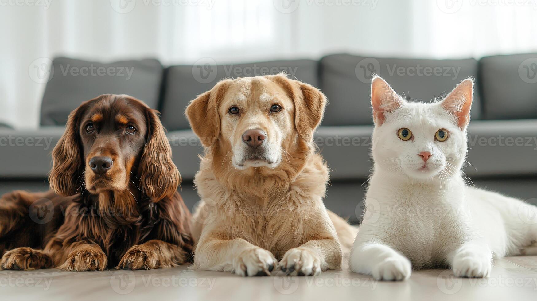 Three dogs and a cat sitting on the floor photo