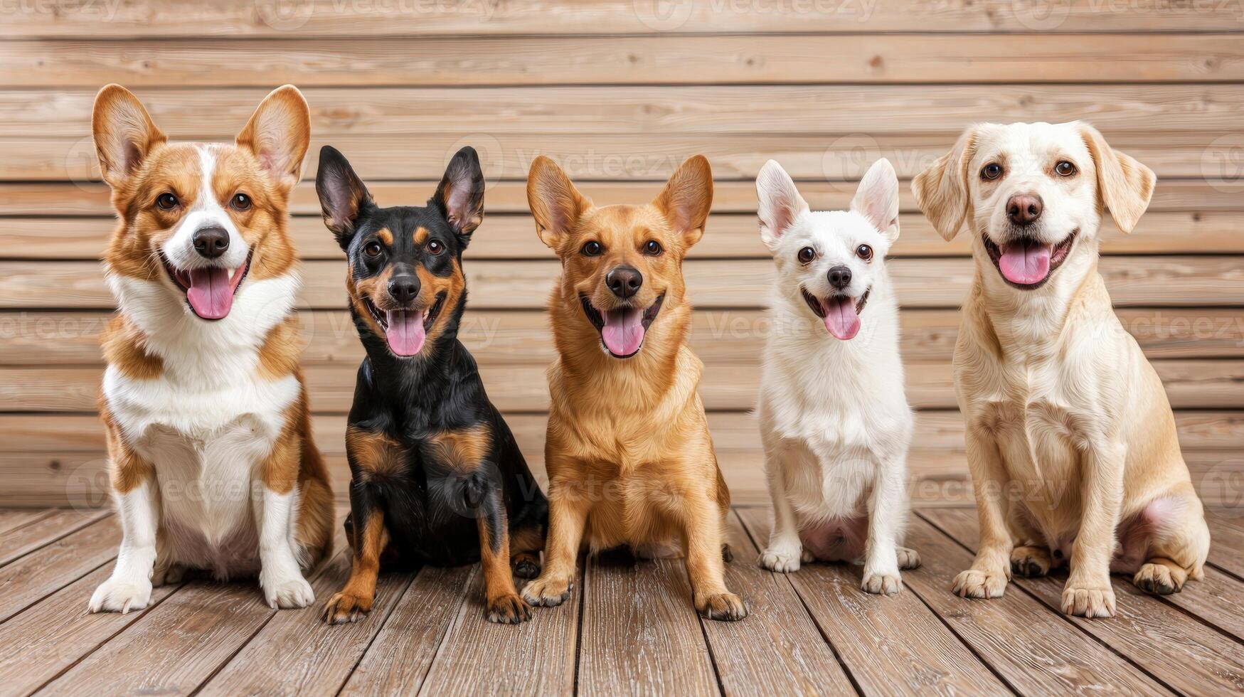 Five dogs sitting on a wooden floor photo