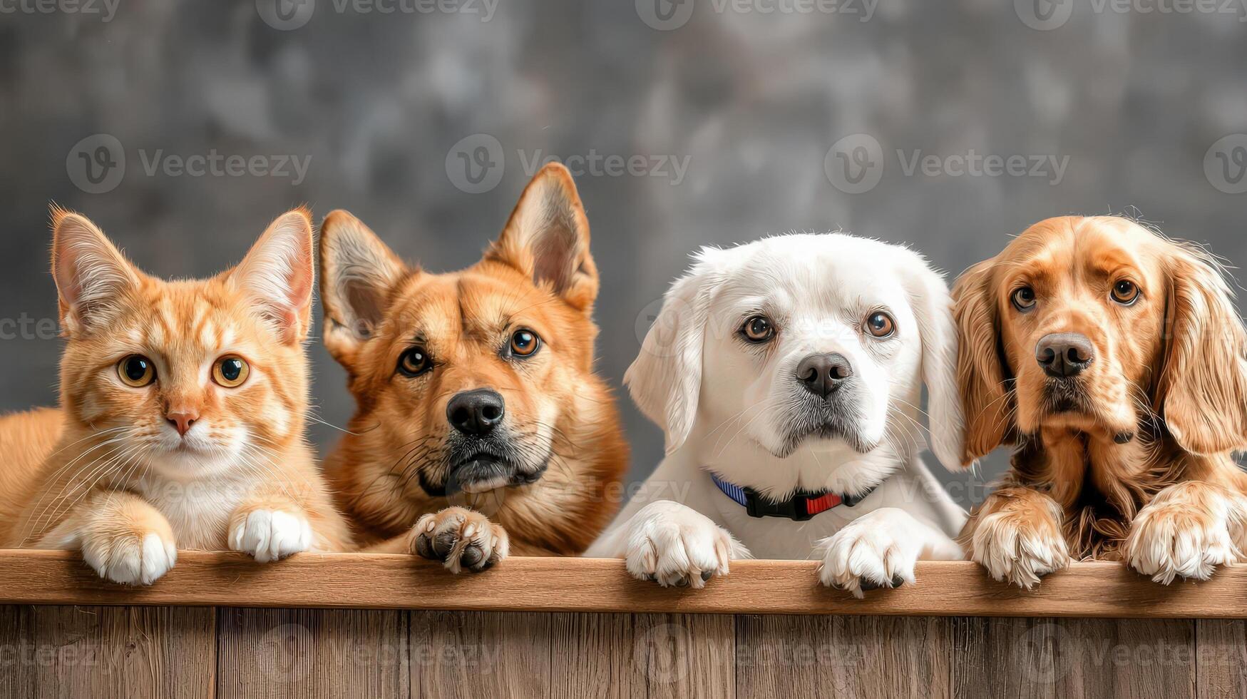 Four dogs and a cat sitting on a wooden fence photo